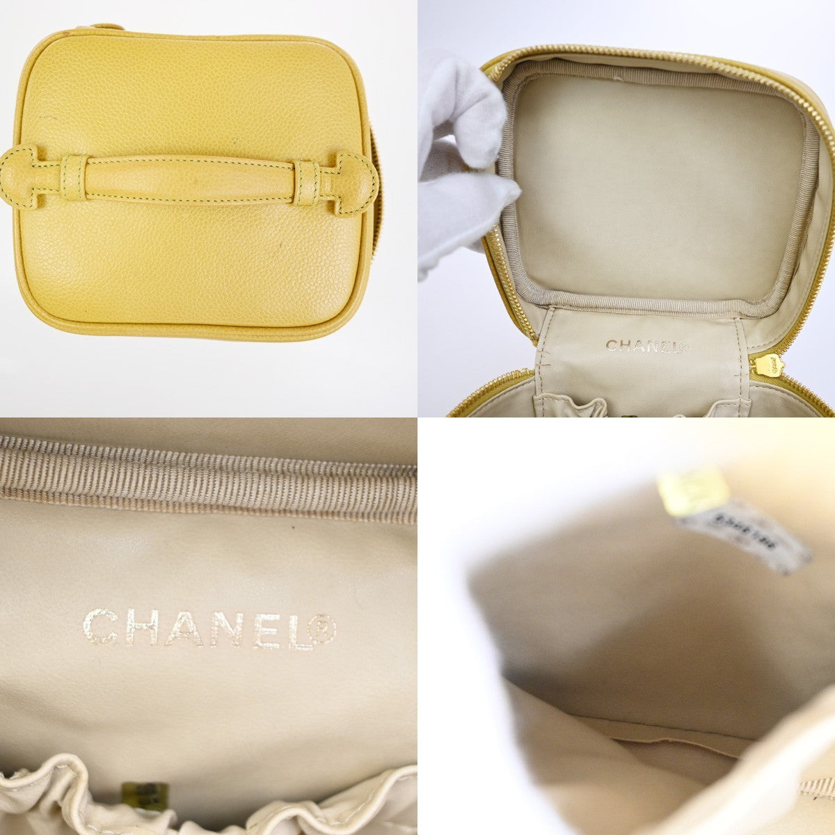Chanel Vintage Timeless Cosmetic Case Caviar, Yellow, Leather, Clutch