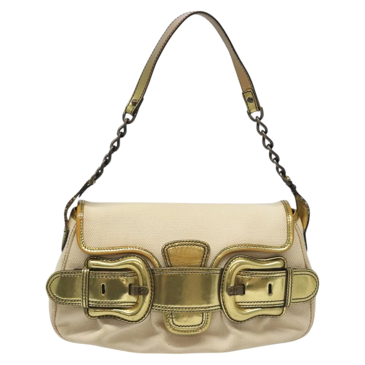 Fendi Chain Baguette Patent, Beige, Canvas, Shoulder Bag