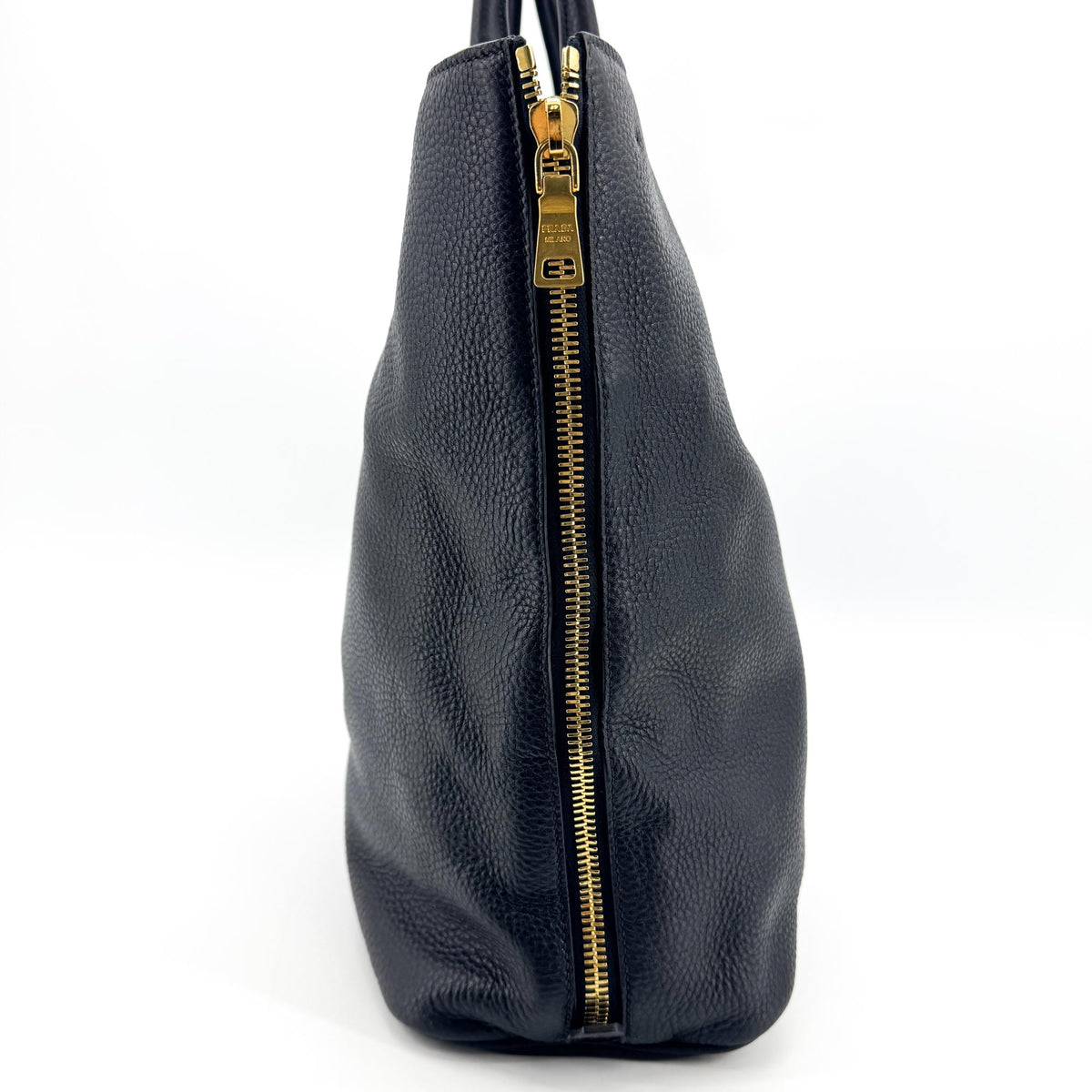 Prada Side Zip Convertible Vitello Daino, Black, Leather, Tote Bag