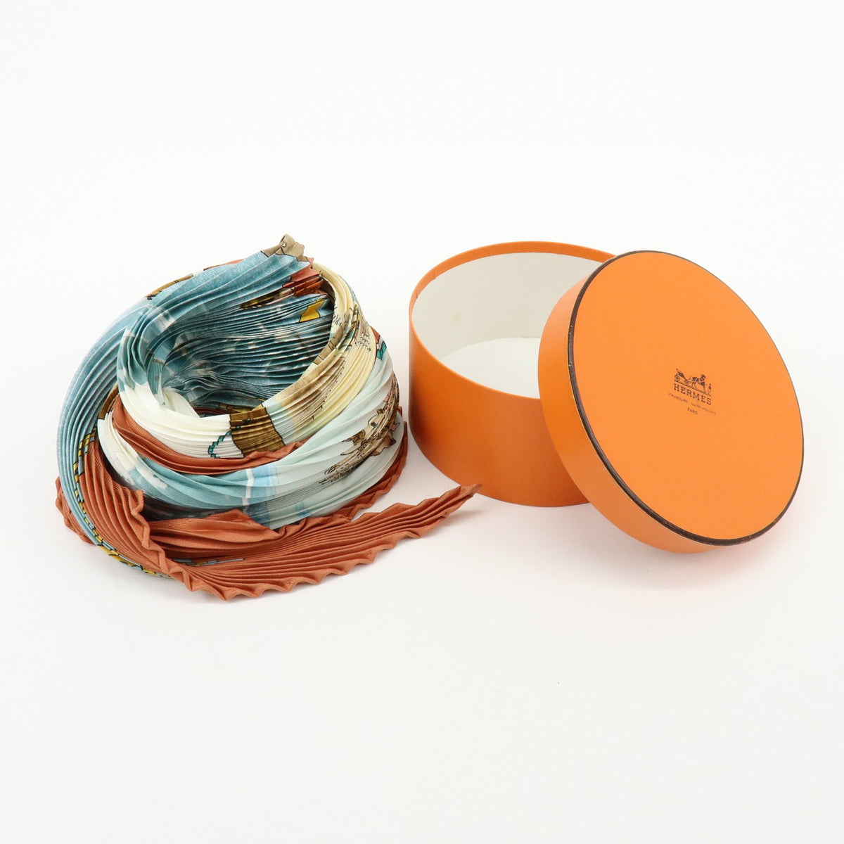 Hermes Gronland Pleated Silk, Brown, Silk, Scarf