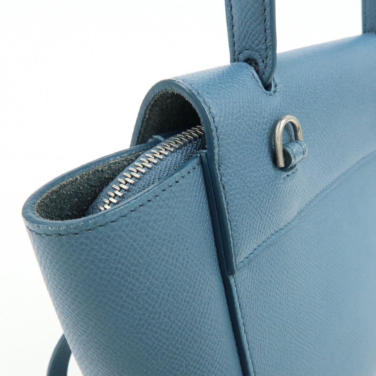 Celine Belt Textured Leather, Blue, Leather, Handbag
