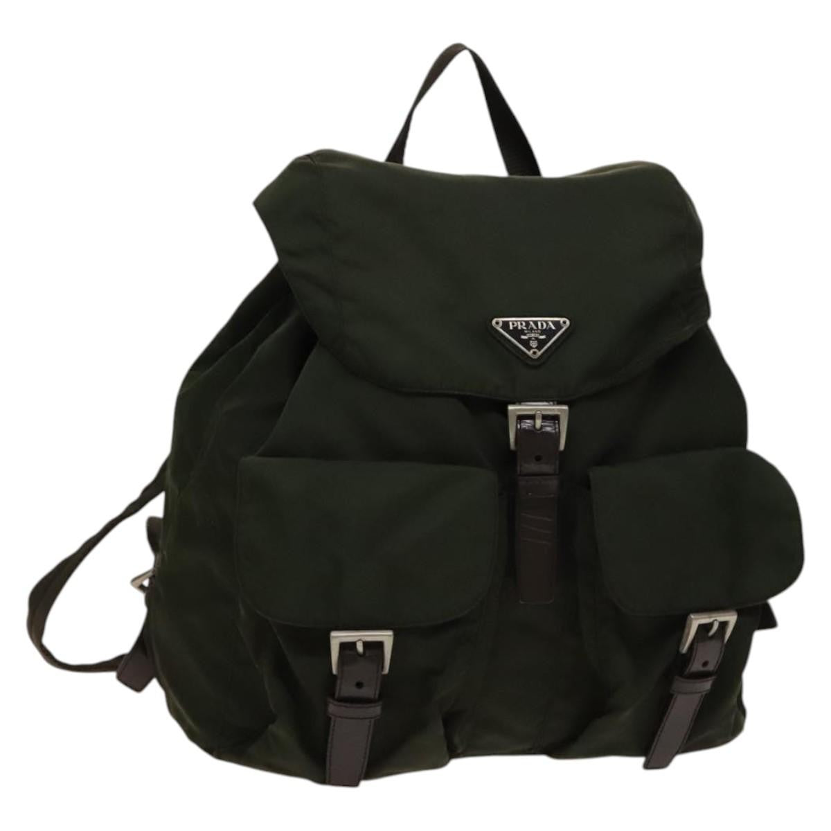 Prada Vela Double Front Pocket Tessuto with Saffiano Leather, Khaki, Nylon, Backpack