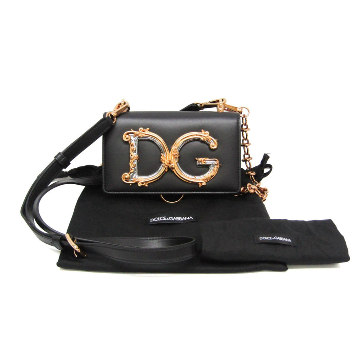 Dolce & Gabbana DG Girls Flap Embellished Printed Elaphe, Black, Leather, Handbag