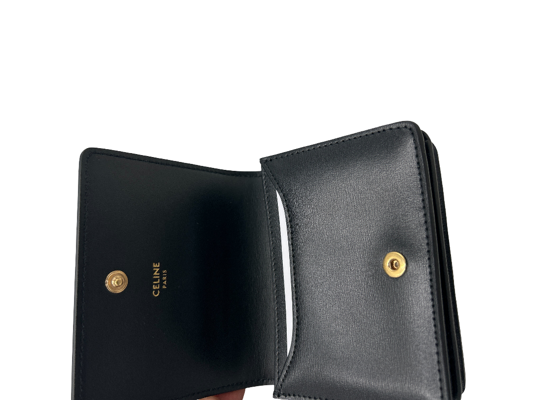 Celine Triomphe Trifold Wallet Leather, Black, Leather, Wallet
