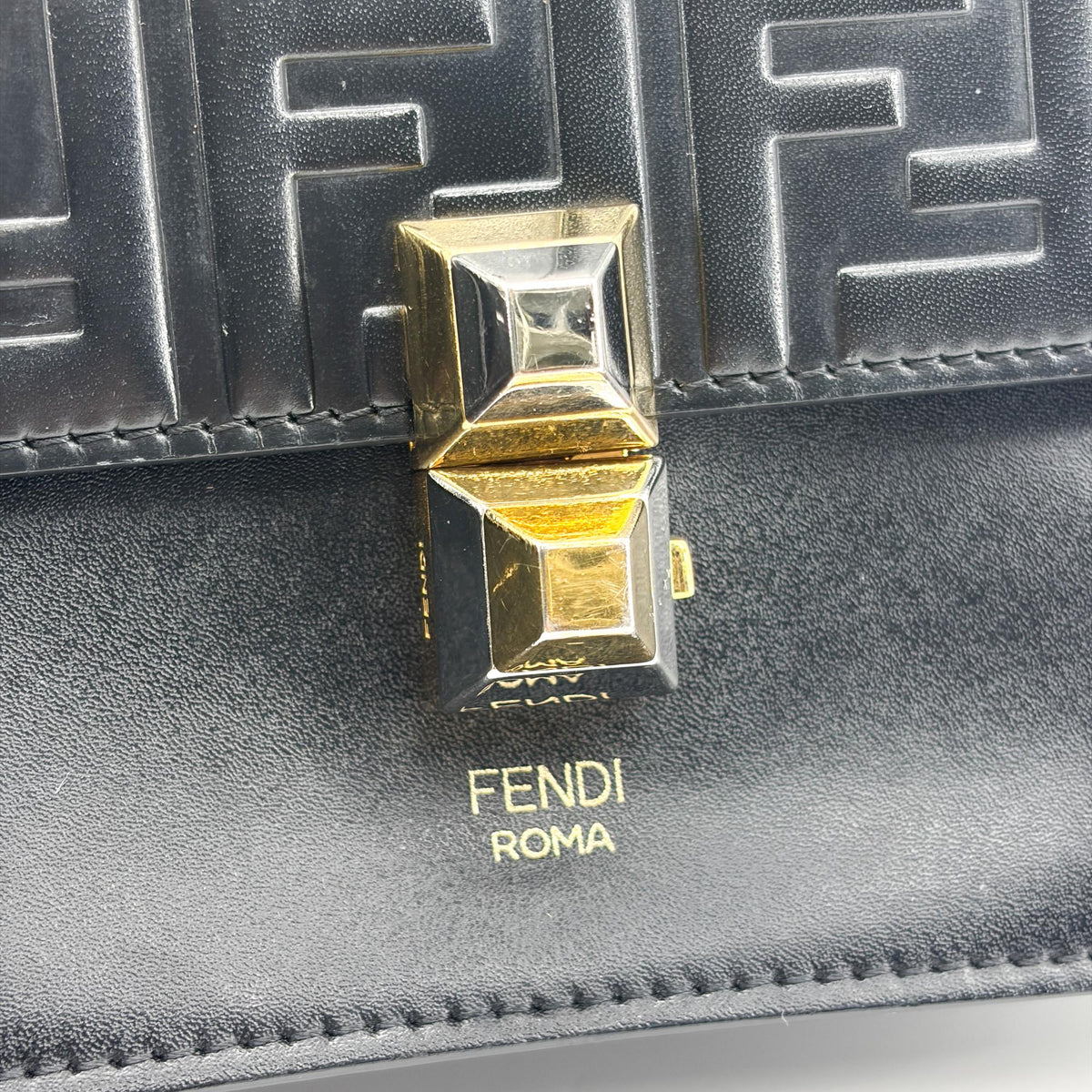 Fendi Kan I Zucca Embossed Leather, Black, Leather, Shoulder Bag