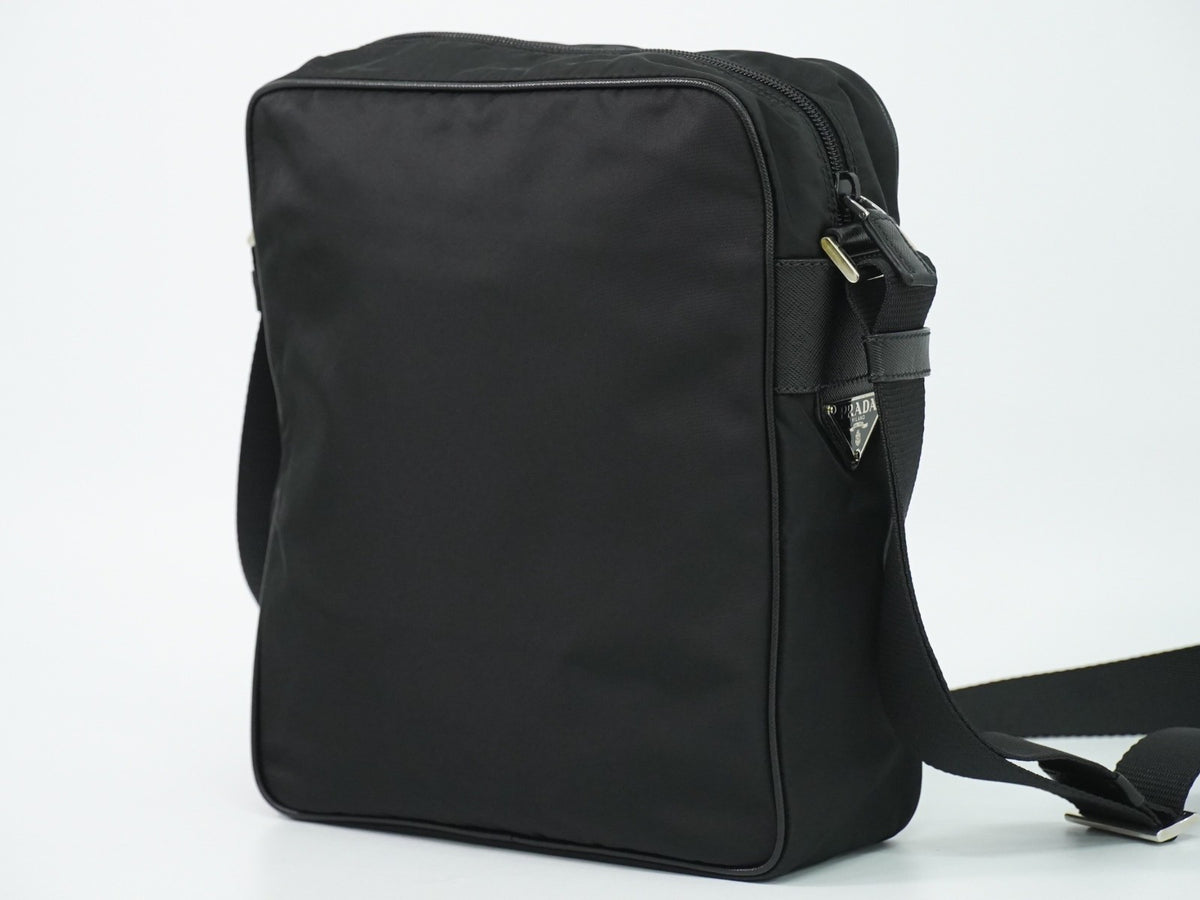 Prada Front Zip Messenger Quilted Tessuto, Black, Nylon, Shoulder Bag