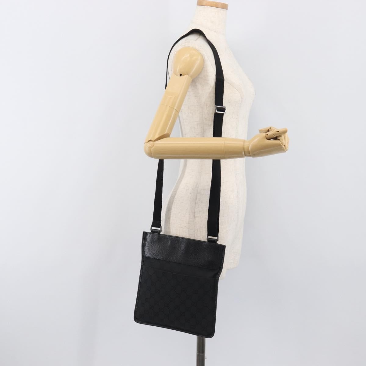 Gucci Vintage Flat Messenger GG Canvas and Leather, Black, Canvas, Handbag