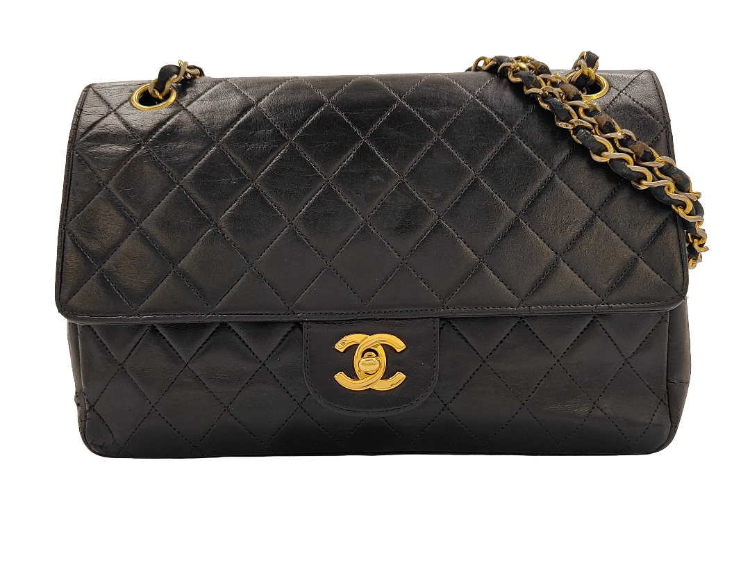Chanel Double Chain Flap Bag Quilted Leather, Black, Leather, Shoulder Bag