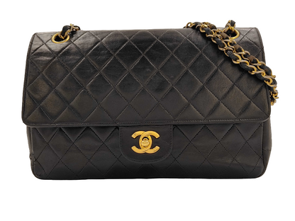 Chanel Double Chain Flap Bag Quilted Leather, Black, Leather, Shoulder Bag