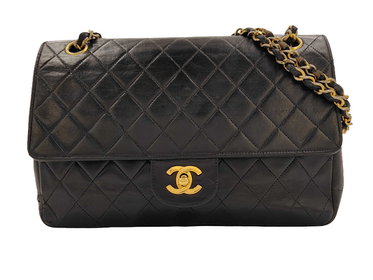 Chanel Double Chain Flap Bag Quilted Leather, Black, Leather, Shoulder Bag
