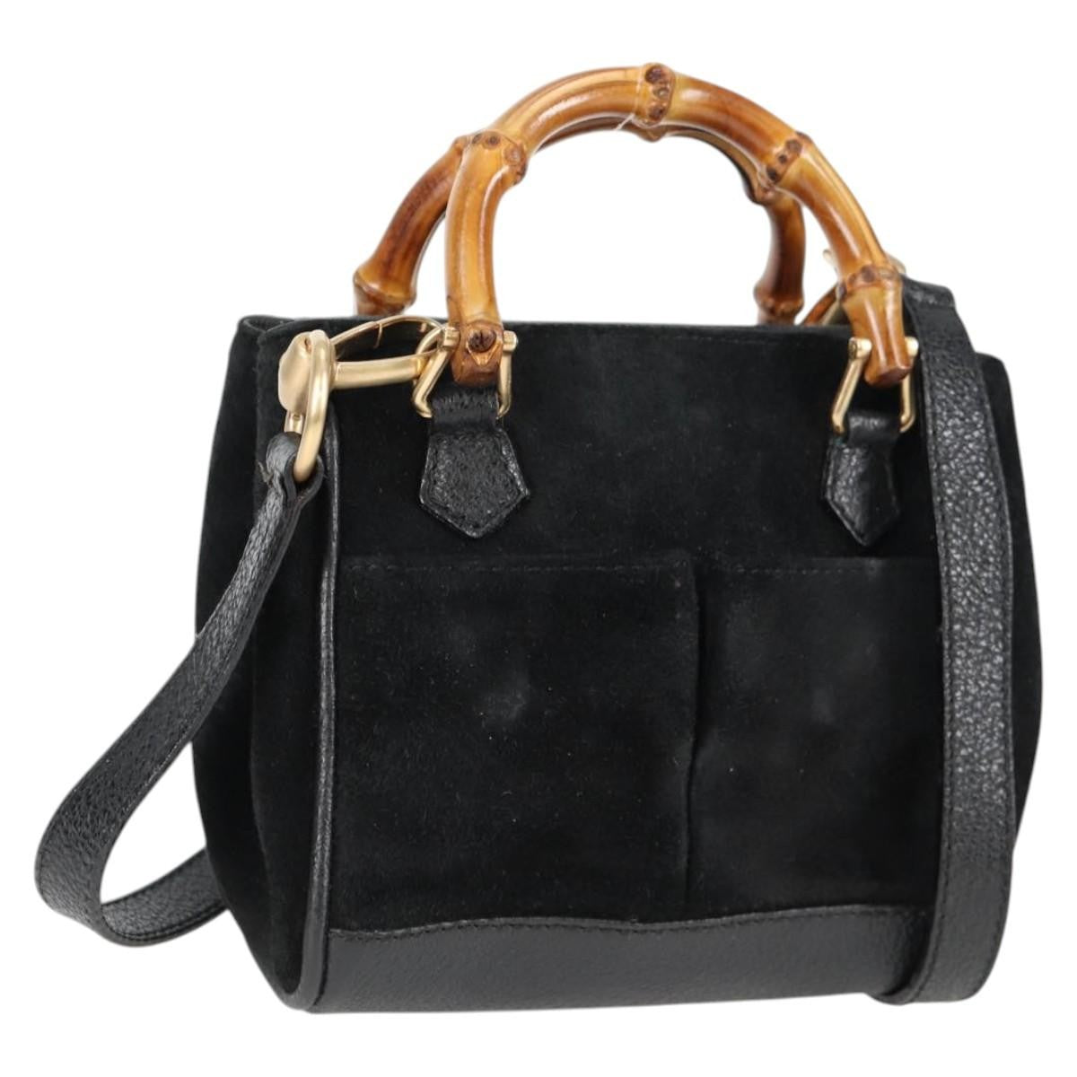 Gucci Vintage Bamboo Front Pocket Suede, Black, Suede, Tote Bag