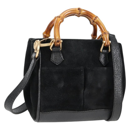 Gucci Vintage Bamboo Front Pocket Suede, Black, Suede, Tote Bag