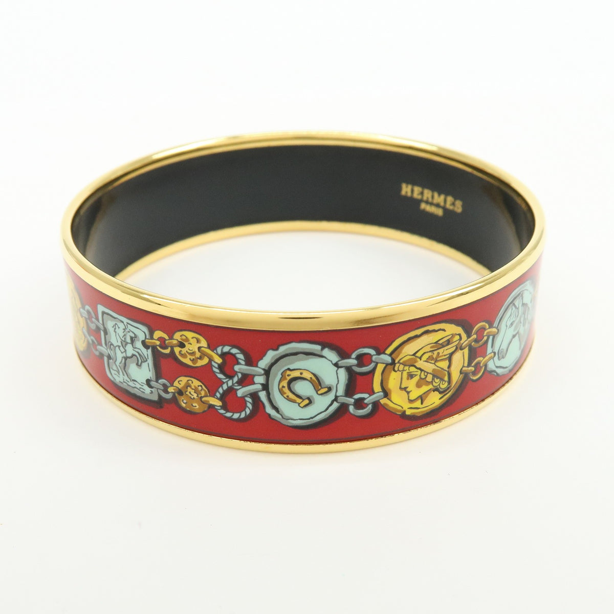 Hermes Bangle Printed Enamel, Red, Gold Plated, Bracelet