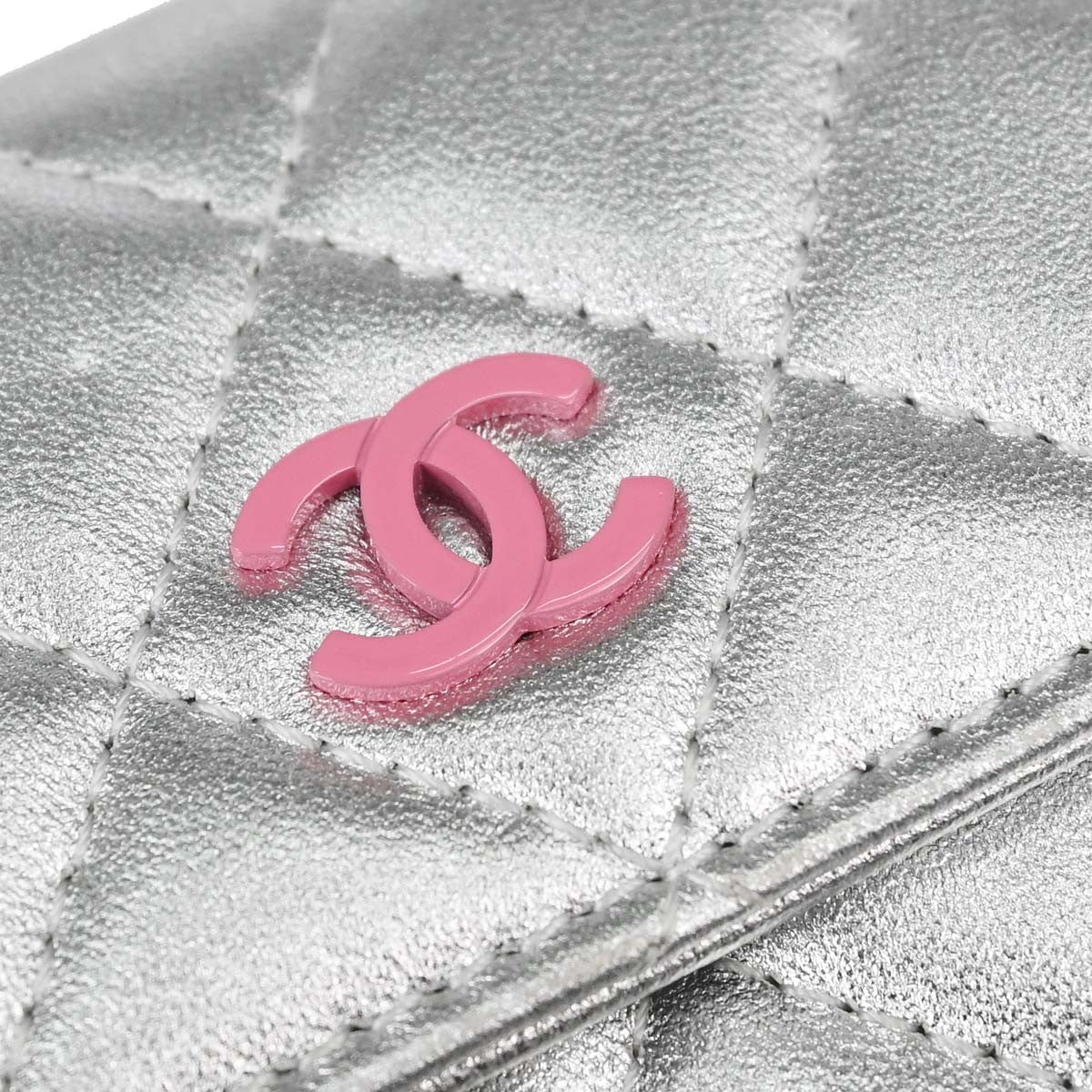 Chanel CC Flap Card Case Quilted Lambskin, Silver, Leather, Card Holder