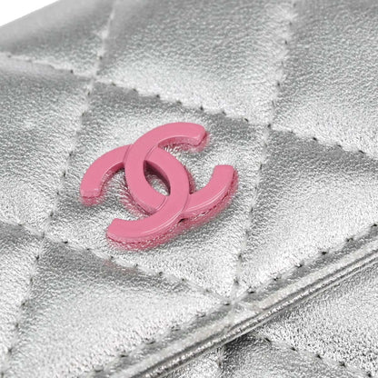 Chanel CC Flap Card Case Quilted Lambskin, Silver, Leather, Card Holder