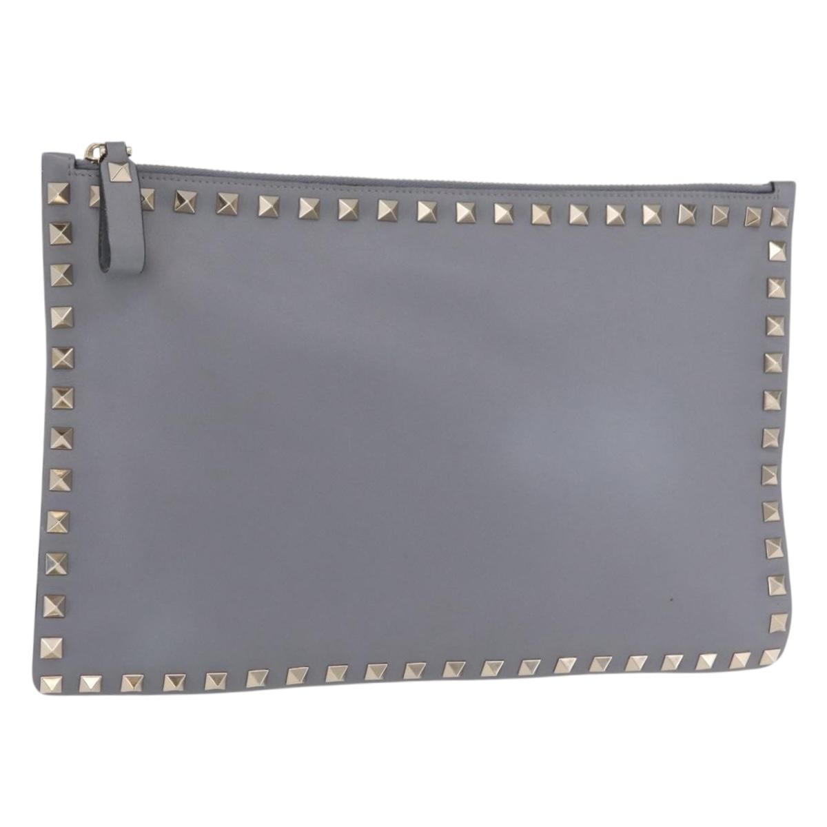 Valentino Garavani Rockstud Pouch Leather, Gray, Leather, Clutch