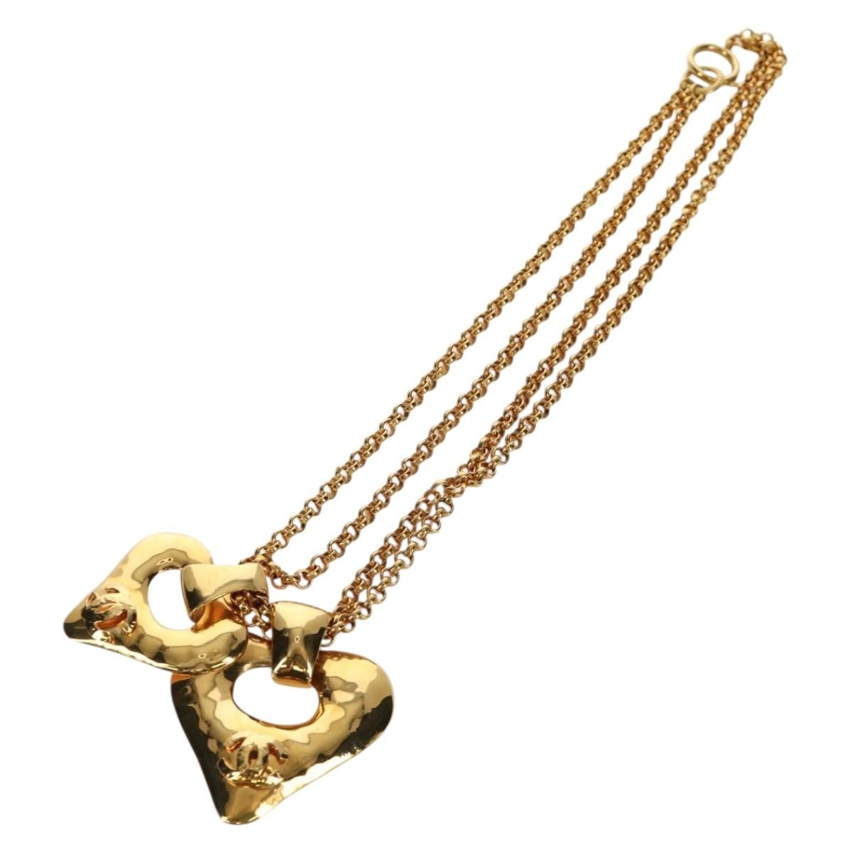 Chanel Vintage CC Heart Pendant Long Metal, Gold, Metal, Necklace