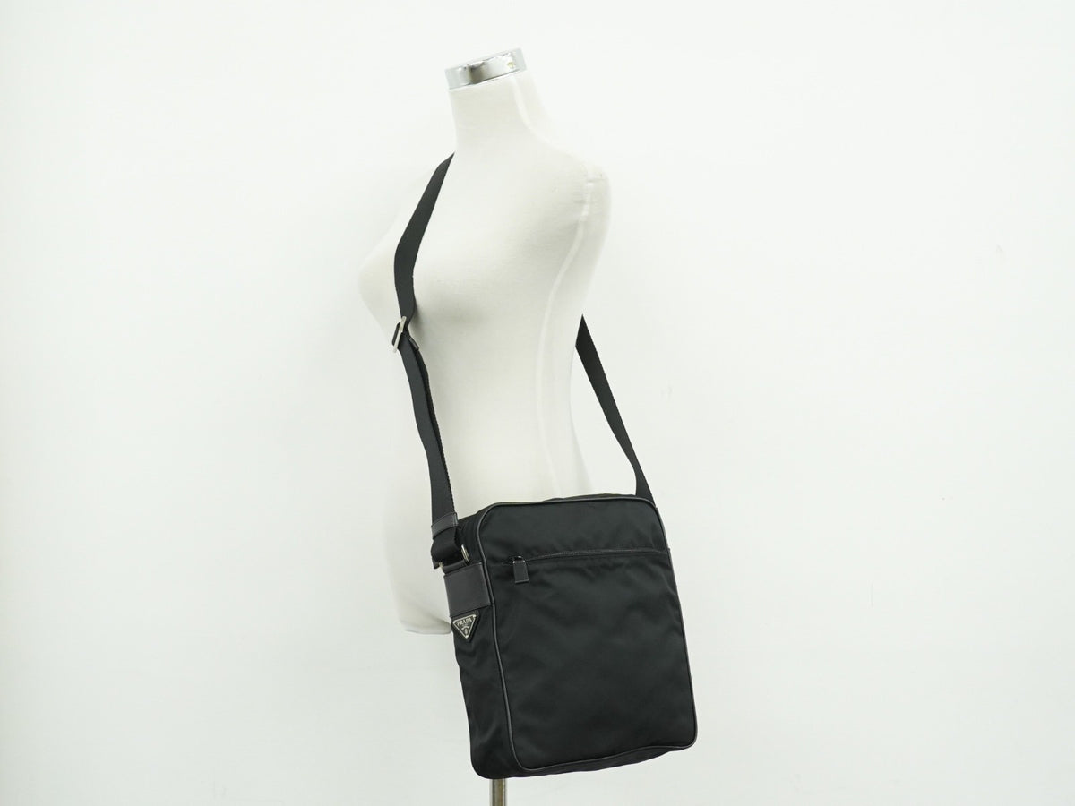 Prada Front Zip Messenger Quilted Tessuto, Black, Nylon, Shoulder Bag