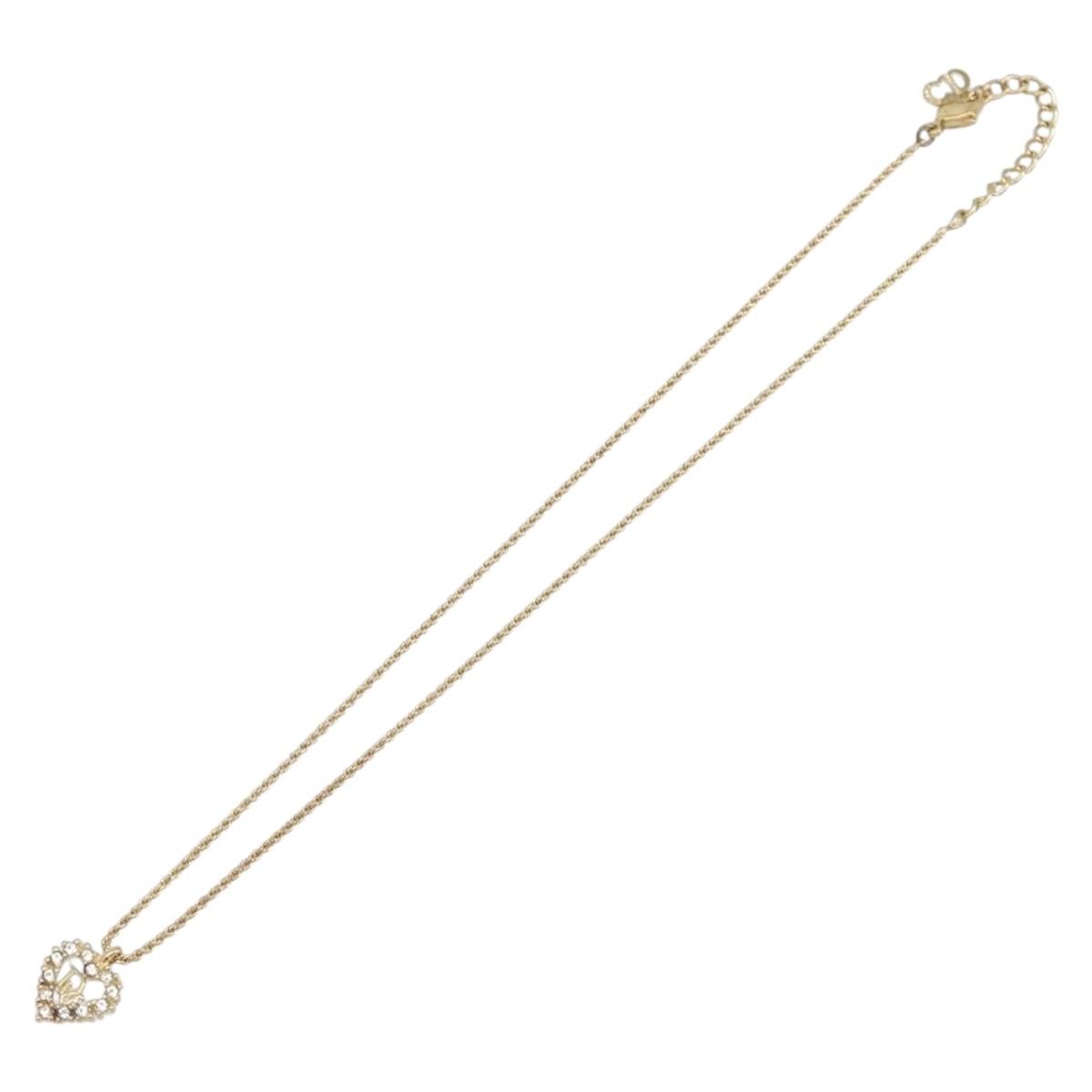 Christian Dior Logo Heart Pendant Metal with Crystal, Gold, Metal, Necklace