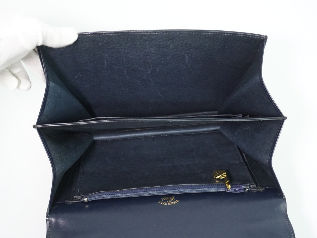 Gucci Vintage Top Handle Flap Leather with Chain Detail, Navy, Leather, Handbag