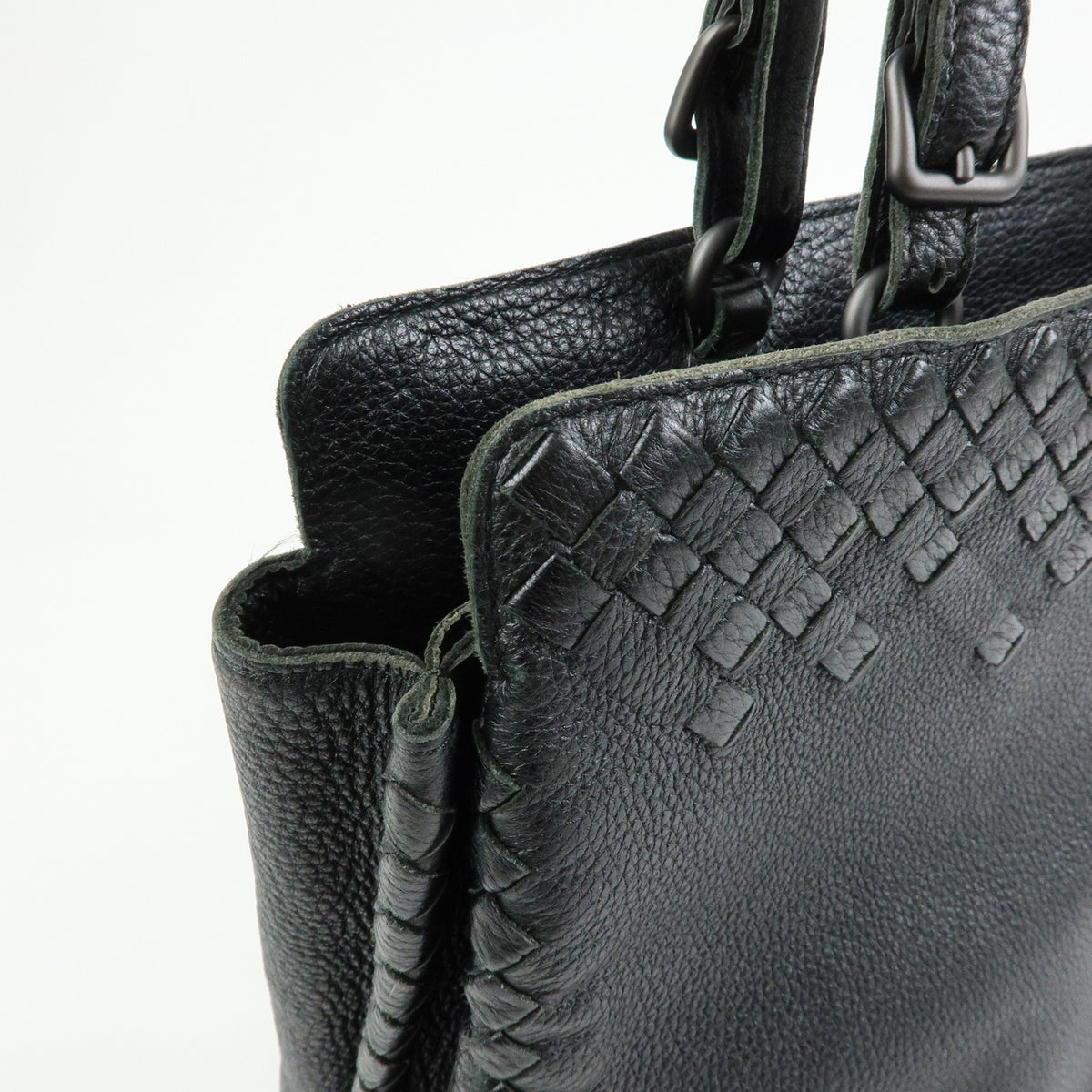 Bottega Veneta A-Shape Leather with Intrecciato Detail, Black, Leather, Tote Bag