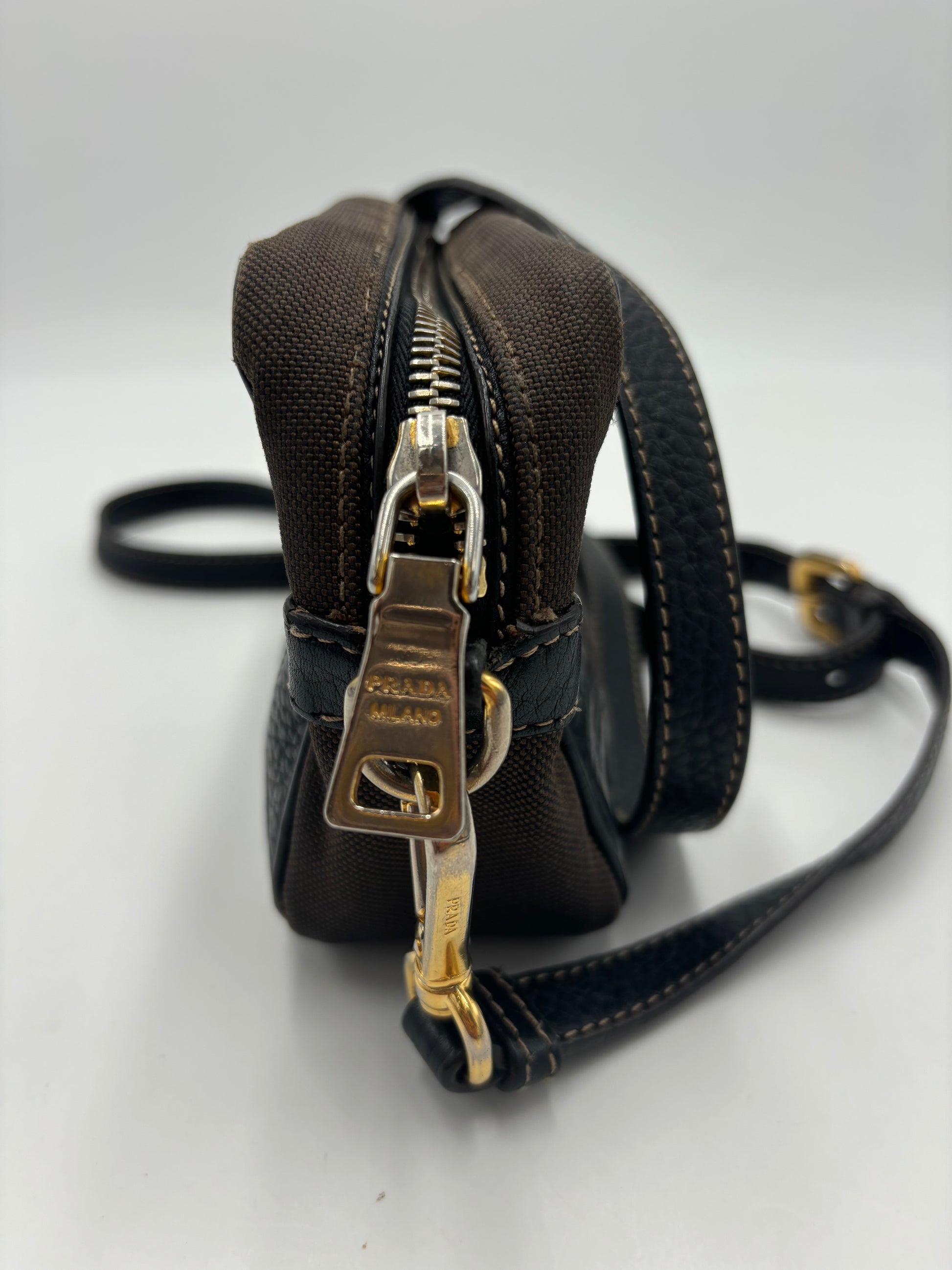 Prada Mini Zip Crossbody Bag Canvas and Leather, Brown, Canvas, Backpack