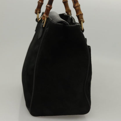 Gucci Vintage Bamboo Front Pocket Tote Suede, BLACK, SUEDE, Handbag