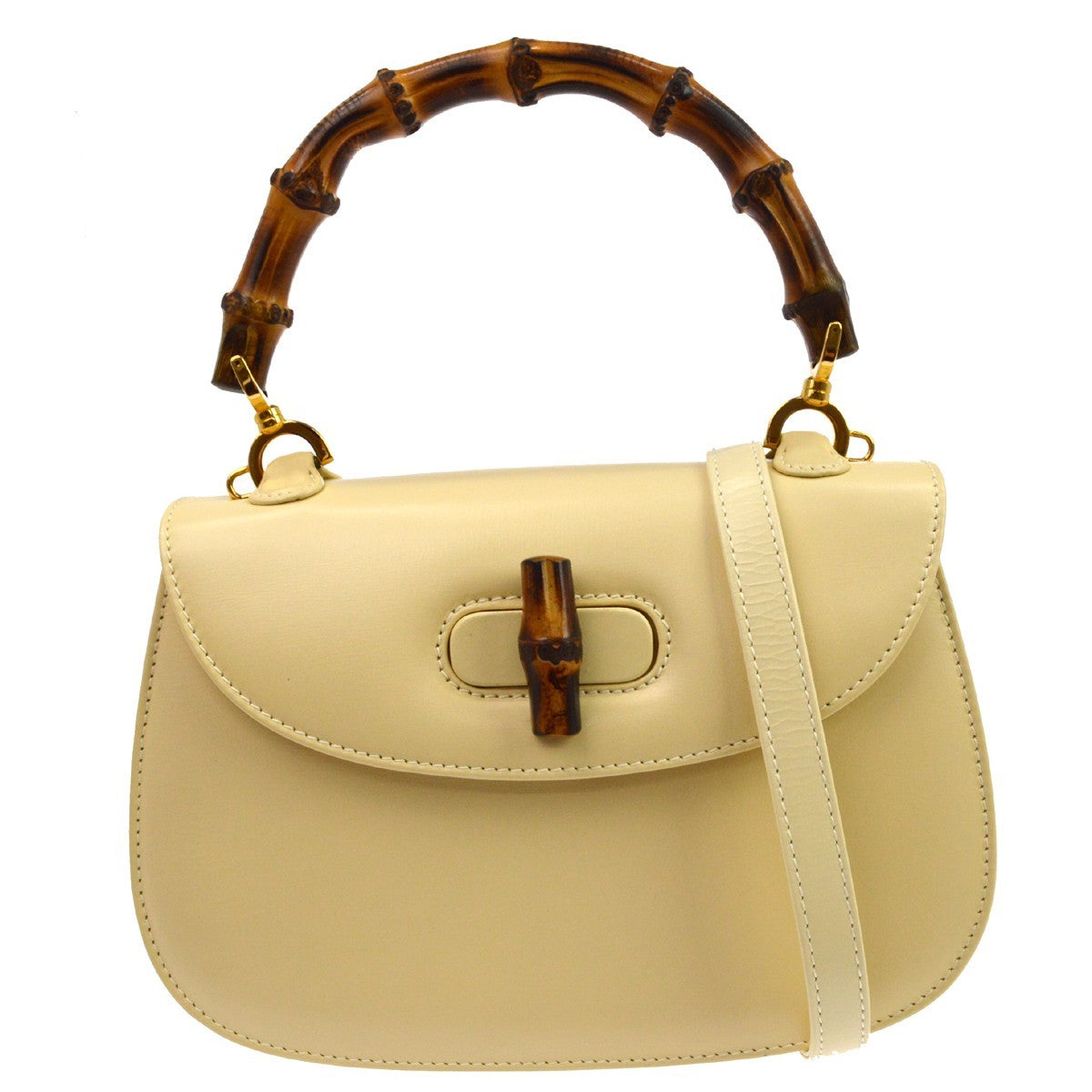 Gucci Vintage Bamboo Top Handle Leather, Beige, Leather, Handbag