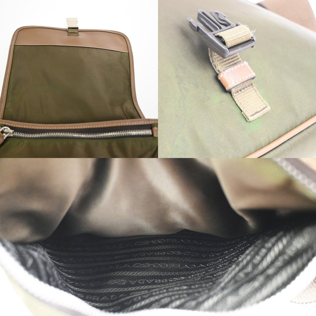 Prada Logo Buckle Messenger Nylon, Khaki, Nylon, Handbag