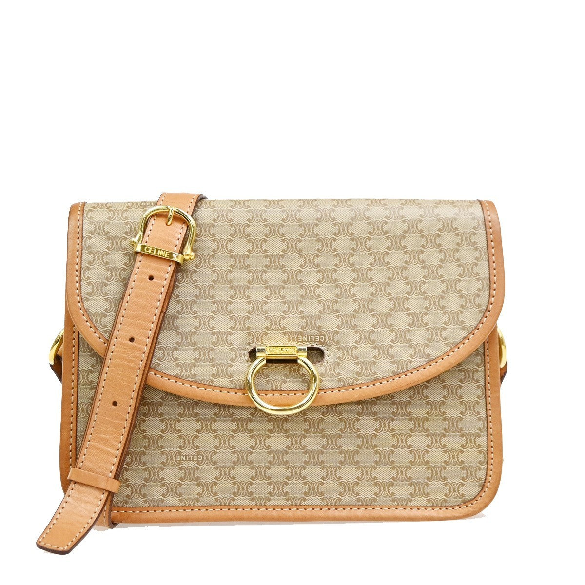 Celine Vintage Macadam Circle Logo Canvas and Leather, Beige, PVC, Shoulder Bag