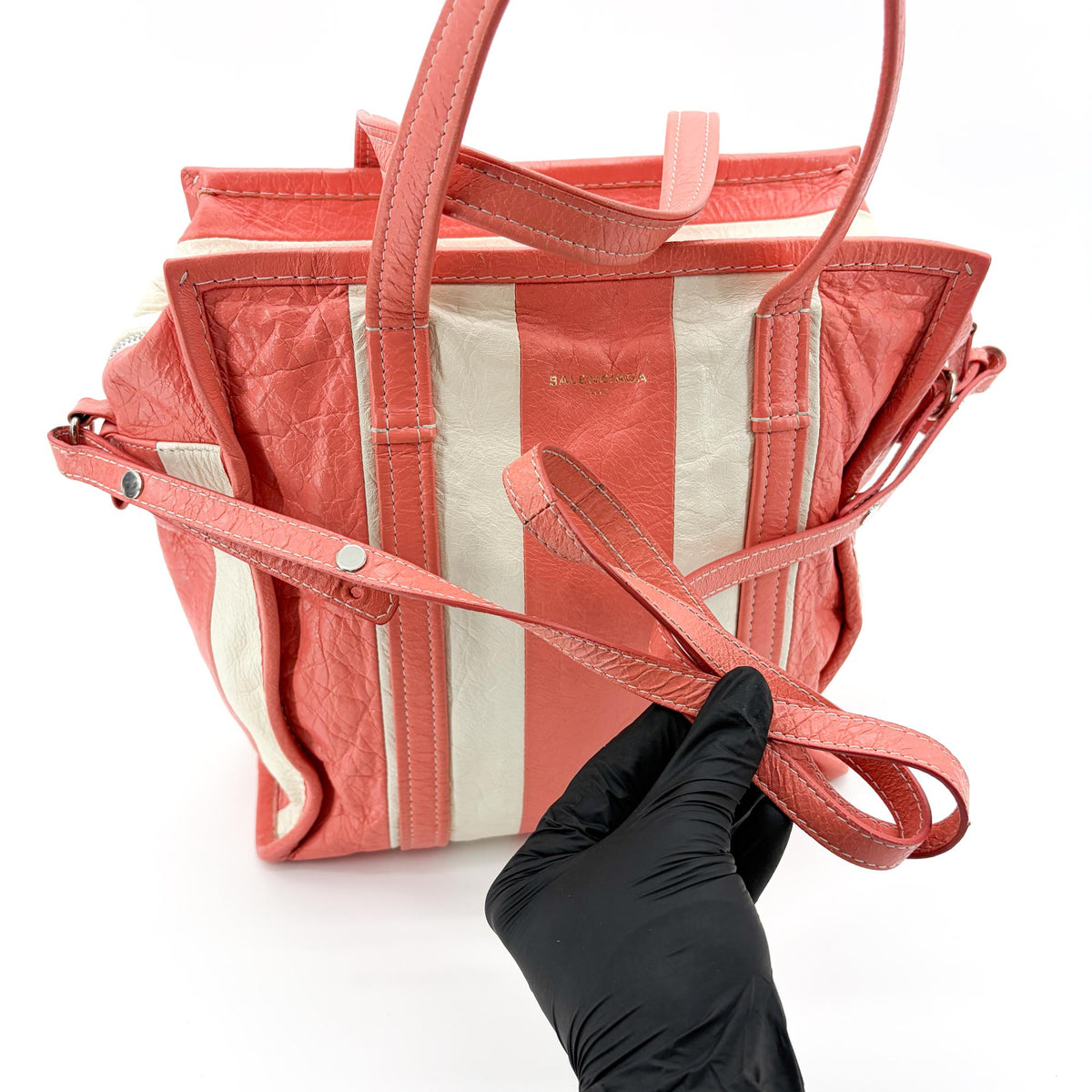 Balenciaga Bazar Striped Leather, White, Leather, Tote Bag