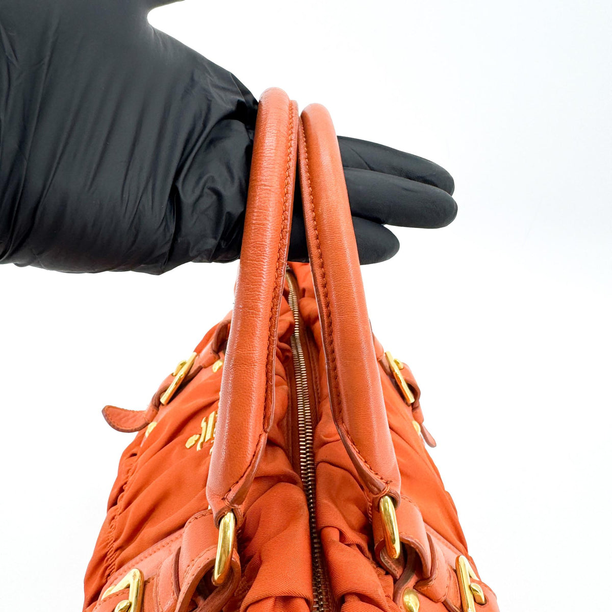 Prada Gaufre Convertible Satchel Leather and Tessuto, Orange, Nylon, Handbag