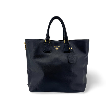 Prada Side Zip Convertible Vitello Daino, Black, Leather, Tote Bag