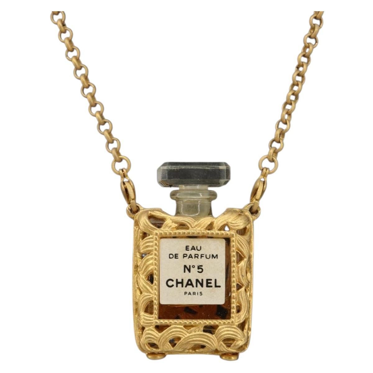 Chanel CC No.5 Perfume Bottle Pendant Metal with Crystals, Gold, Metal, Necklace