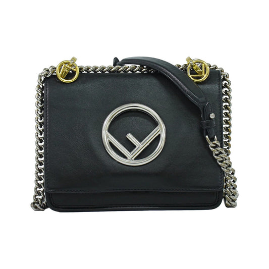 Fendi Kan I F Leather, Black, Leather, Shoulder Bag