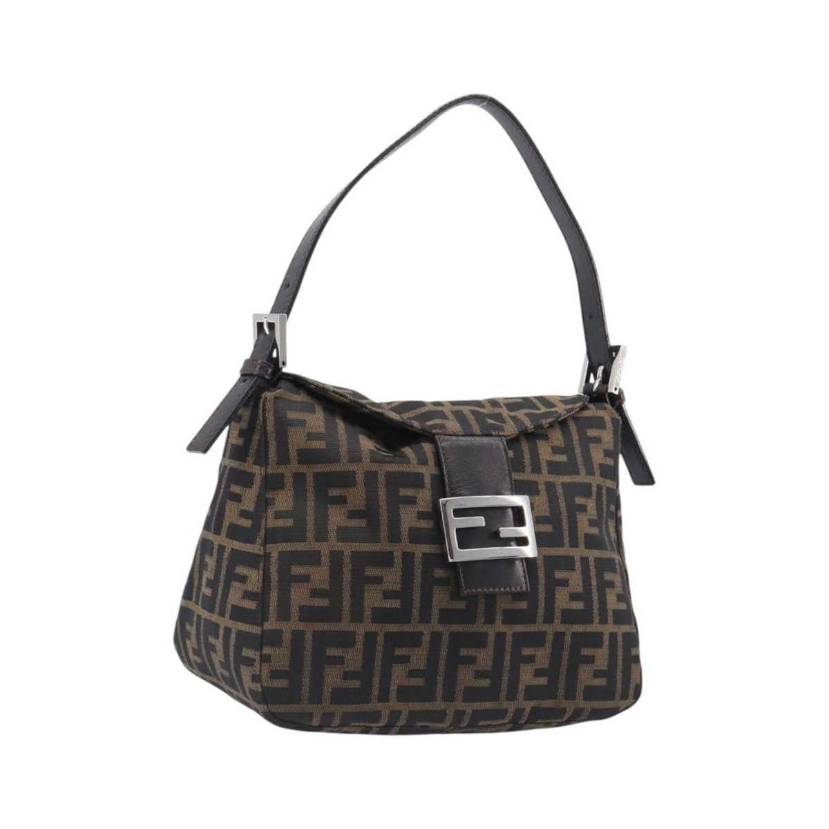 Fendi Round Flap Baguette Zucca Canvas, Black, Canvas, Shoulder Bag