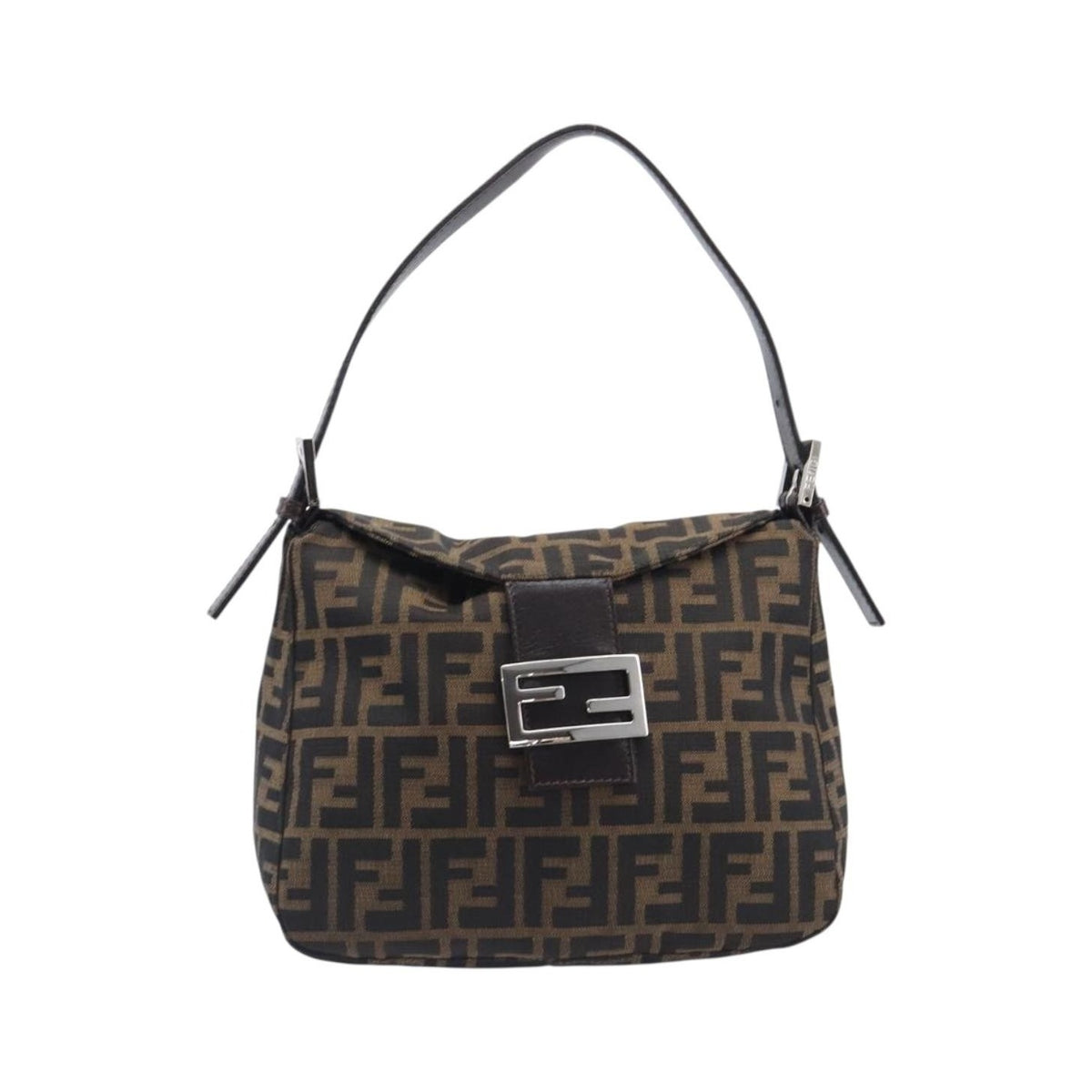 Fendi Round Flap Baguette Zucca Canvas, Black, Canvas, Shoulder Bag