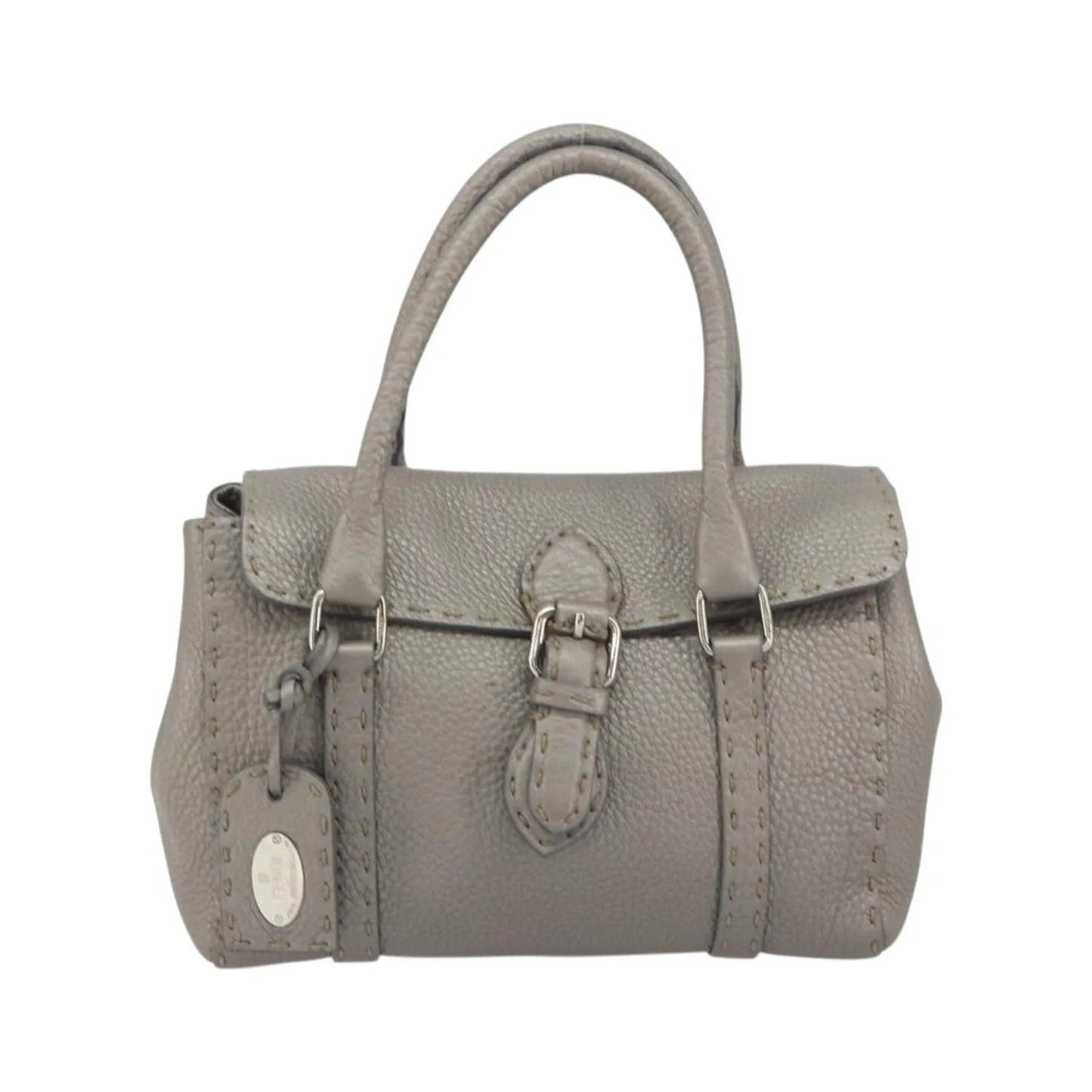 Fendi Selleria Linda Satchel Pebbled Leather, Gray, Leather, Handbag