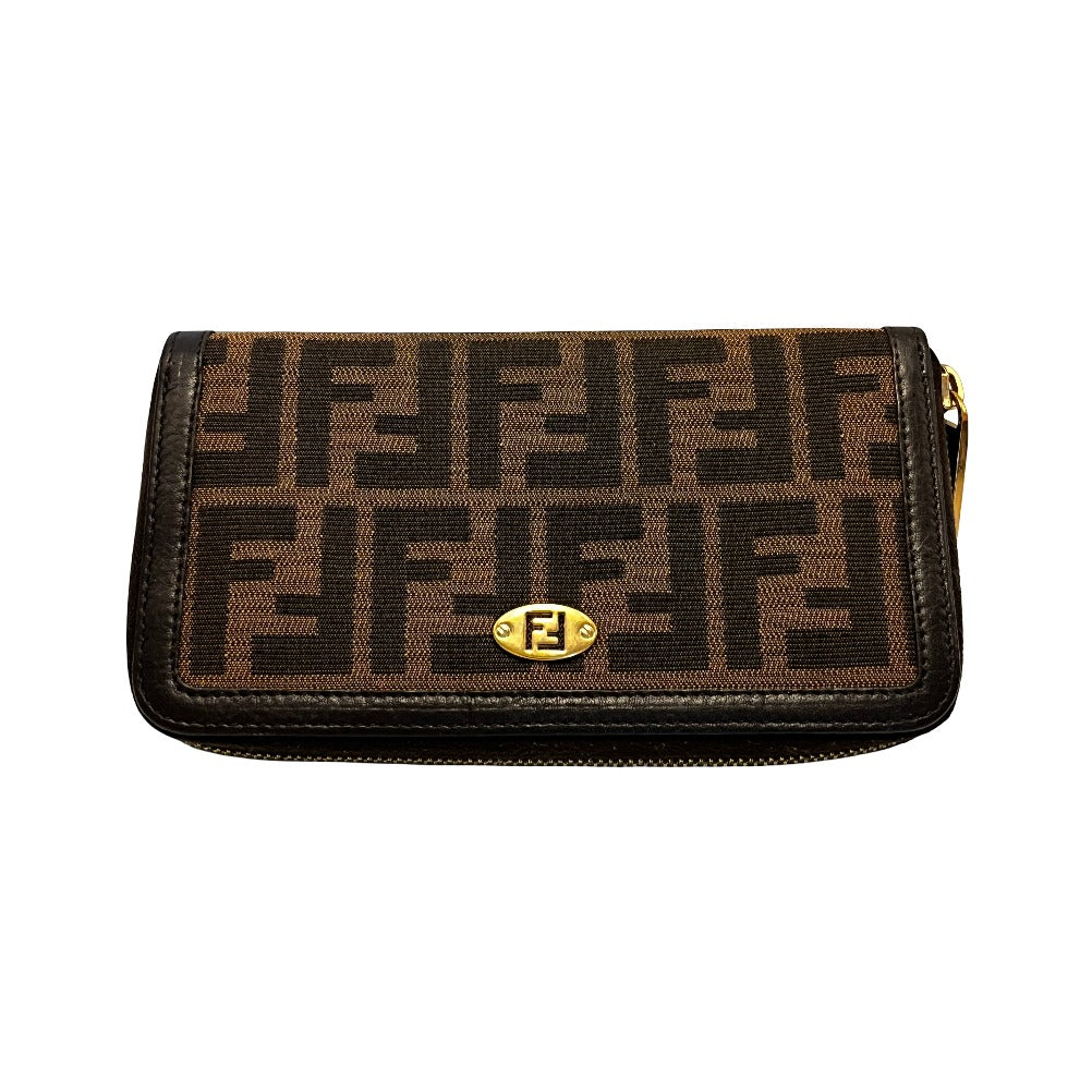Fendi Zip Around Zucca Coated Canvas, Brown, Leather, Wallet