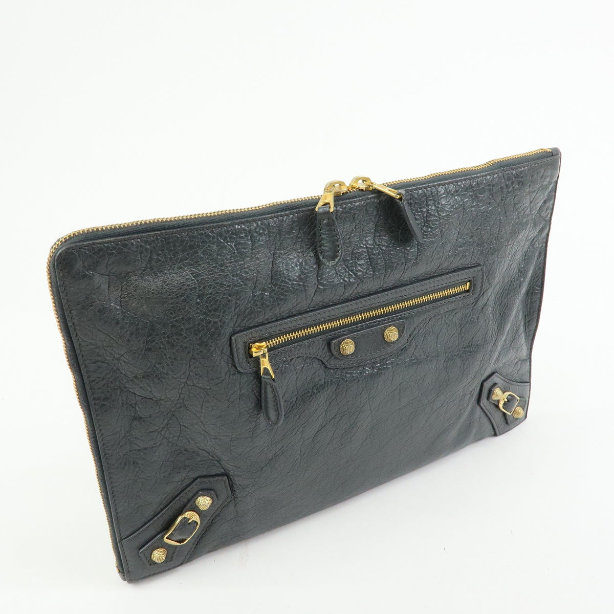 Balenciaga Zip Around Giant Studs Clutch Leather, Gray, Leather, Clutch