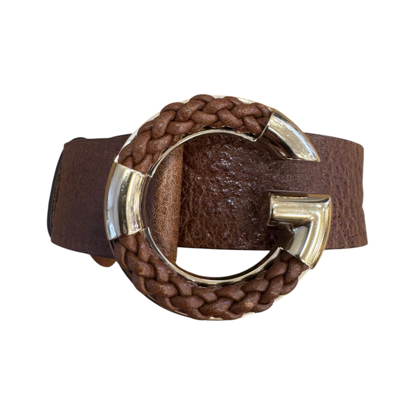 Brandsamsara brown calfskin leather Gucci belt featuring an oversized braided capital G monogram buckle