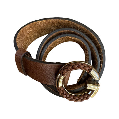 Brandsamsara Gucci belt in brown calfskin leather featuring an oversized capital G monogram buckle with braided detail