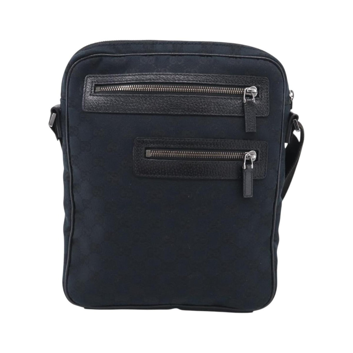 Gucci Front Zip Messenger Canvas and Leather, Black, Canvas, Crossbody Bag