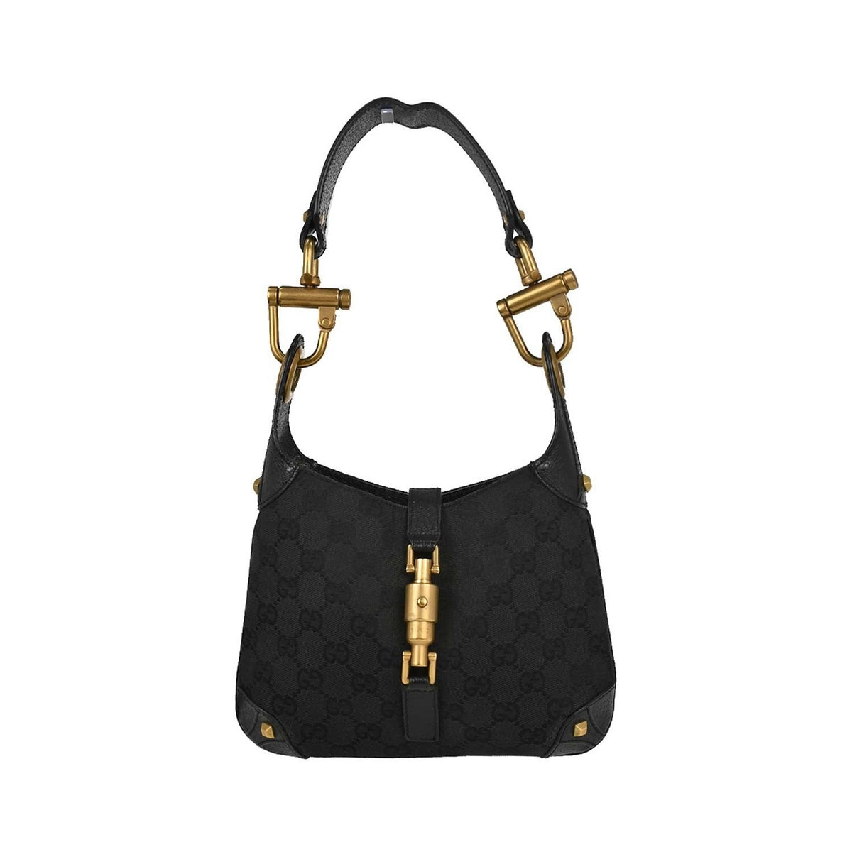 Gucci Piston Lock Jackie Hobo GG Canvas, Black, Canvas, Shoulder Bag