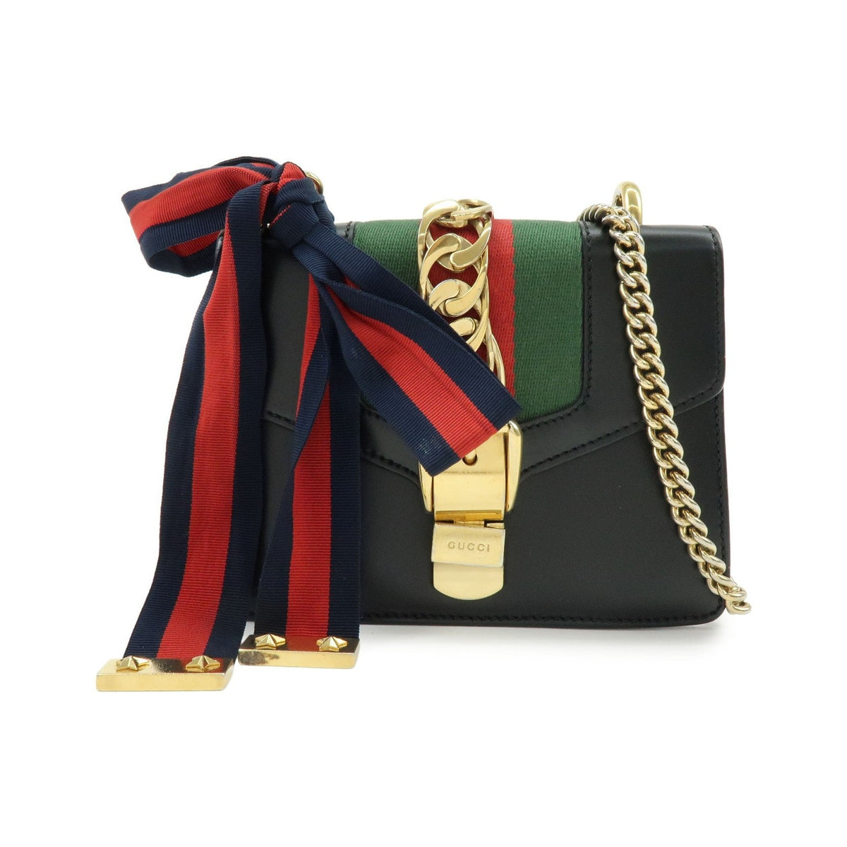 Gucci Sylvie Chain Leather, Black, Leather, Shoulder Bag
