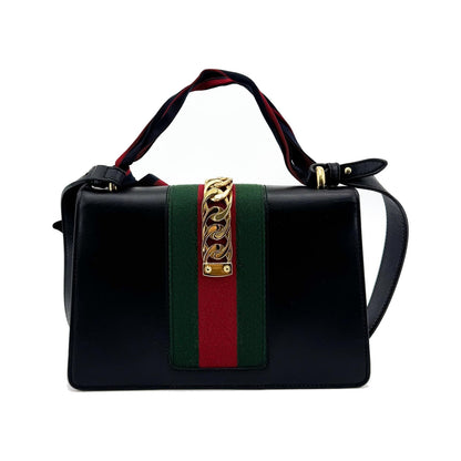 Gucci Sylvie Chain Leather, Black, Leather, Shoulder Bag