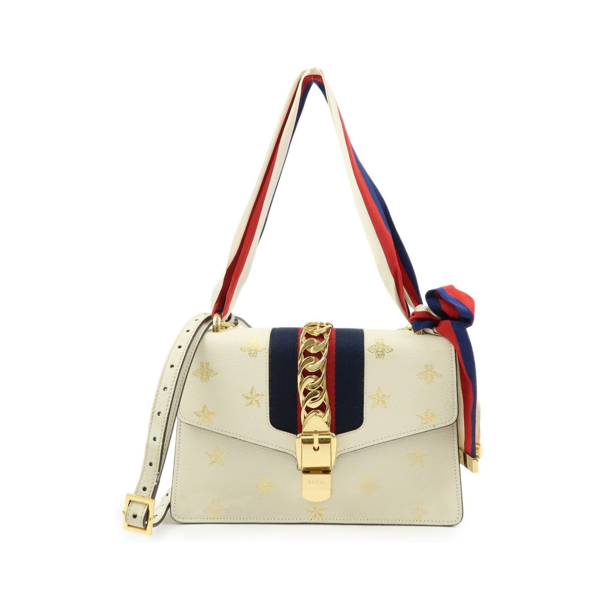 Gucci Sylvie Printed Leather, Beige, Leather, Shoulder Bag