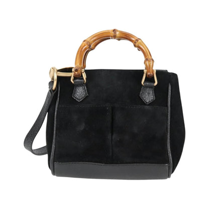 Gucci Vintage Bamboo Front Pocket Suede, Black, Suede, Tote Bag