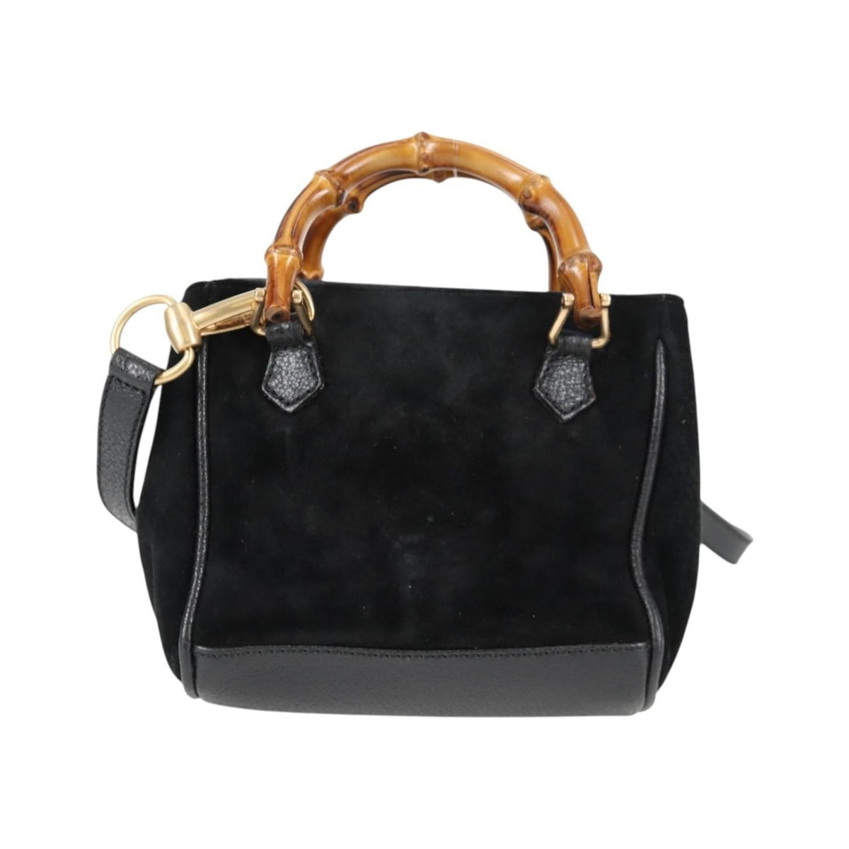 Gucci Vintage Bamboo Front Pocket Suede, Black, Suede, Tote Bag