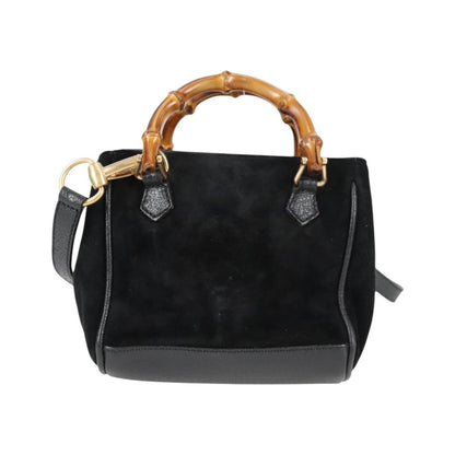Gucci Vintage Bamboo Front Pocket Suede, Black, Suede, Tote Bag
